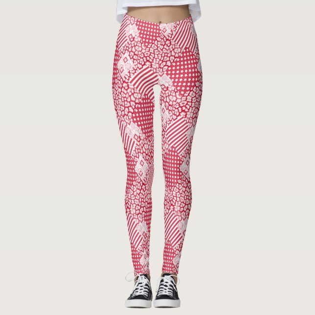  Red and white patchwork rustic Leggings (Front)
