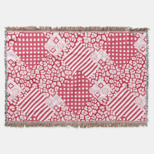  Red and white patchwork rustic Throw Blanket (Front)