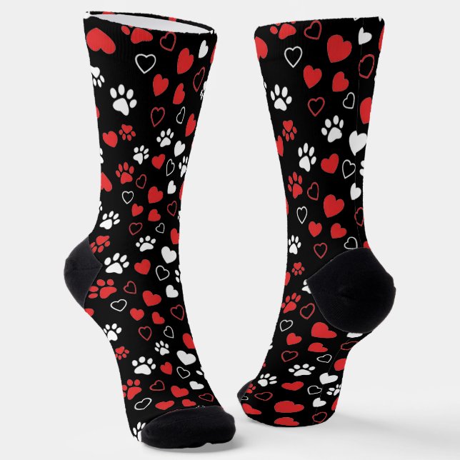 Red and White Paw Print and Heart Pattern Socks (Angled)