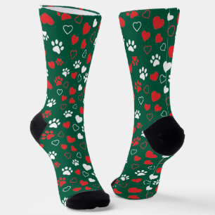 Red and White Paw Print and Heart Pattern Socks