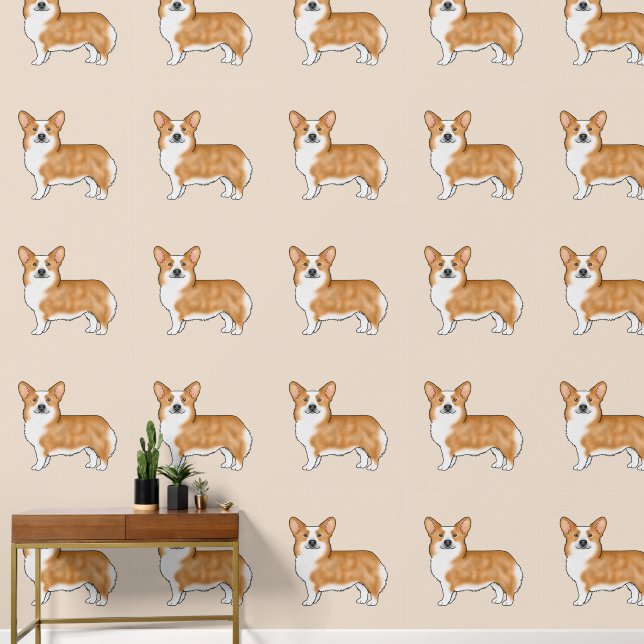 Red And White Pembroke Welsh Corgi Dog Art Pattern Wallpaper (Hallway)