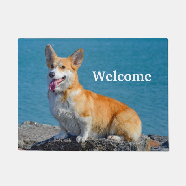 Red and White Pembroke Welsh Corgi Puppy Dog Doormat (Front)