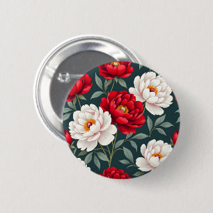 Red and white peony flowers 6 cm round badge