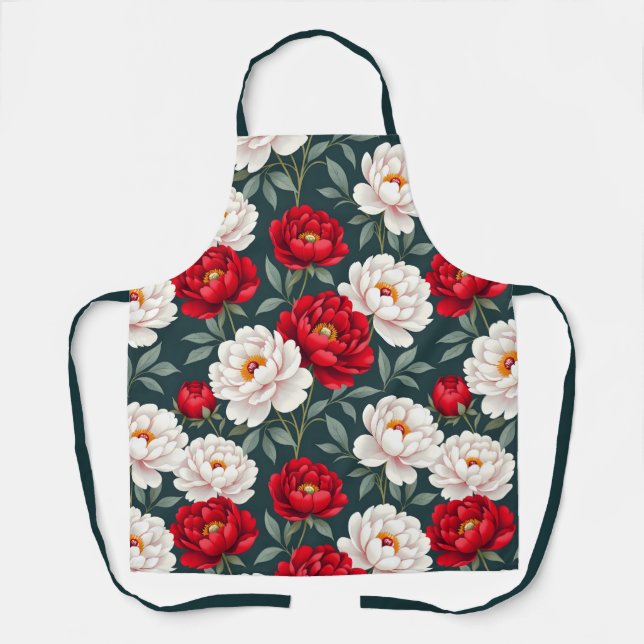 Red and white peony flowers  apron (Front)