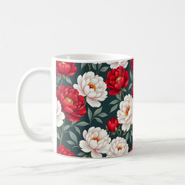 Red and white peony flowers  coffee mug (Left)