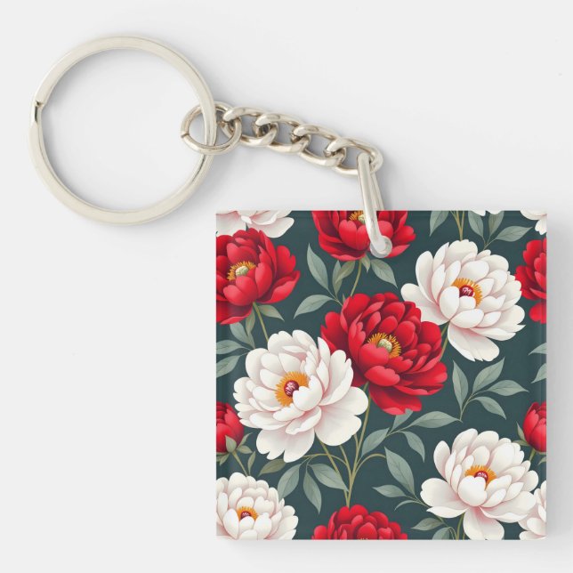 Red and white peony flowers  key ring (Front)