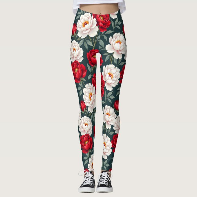 Red and white peony flowers  leggings (Front)