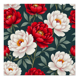 Red and white peony flowers poster
