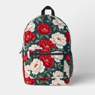 Red and white peony flowers printed backpack