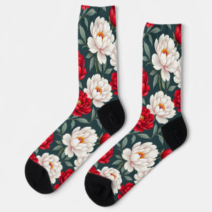Red and white peony flowers socks