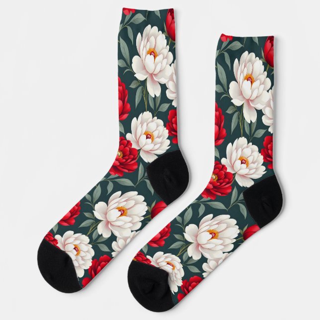 Red and white peony flowers  socks (Left)