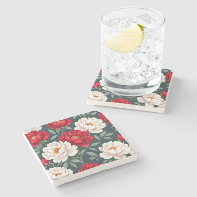 Red and white peony flowers  stone coaster (Side)
