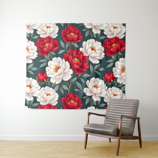 Red and white peony flowers  tapestry (In Situ (Horizontal))