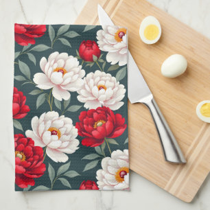 Red and white peony flowers tea towel