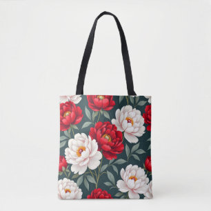 Red and white peony flowers  tote bag