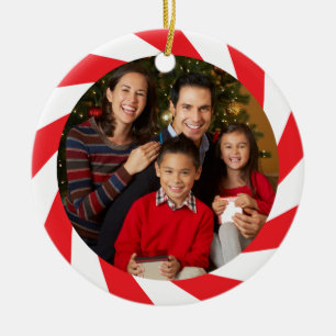 Red and White Peppermint Swirl Photo Ceramic Tree Decoration