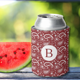 Red and White Perfectly Paisley Monogram Can Cooler