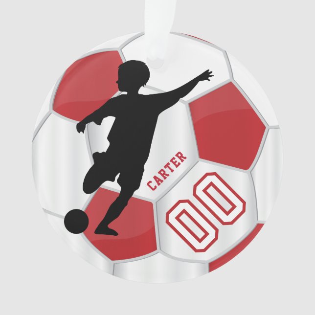 Red and White Personalise Boy Soccer Player Ornament (Front)