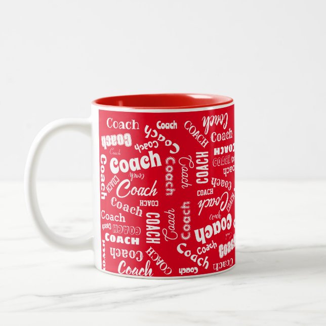 Red and White Personalised Coach Gift Name Art Two-Tone Coffee Mug (Left)