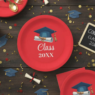 Red and White Personalized Class Graduation Paper Plate