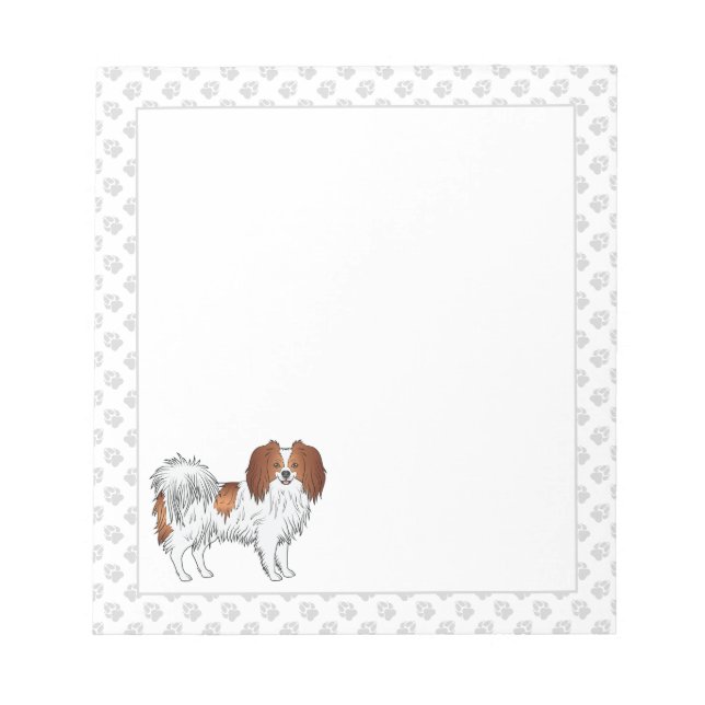 Red And White Phalène Cartoon Dog With Grey Paws Notepad (Front)