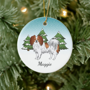 Red And White Phalène Cute Dog Winter Forest Ceramic Tree Decoration