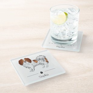 Red And White Phalène Cute Dog With Custom Name Glass Coaster