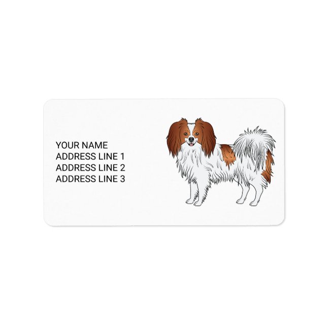 Red And White Phalène Cute Dog With Custom Text Label (Front)