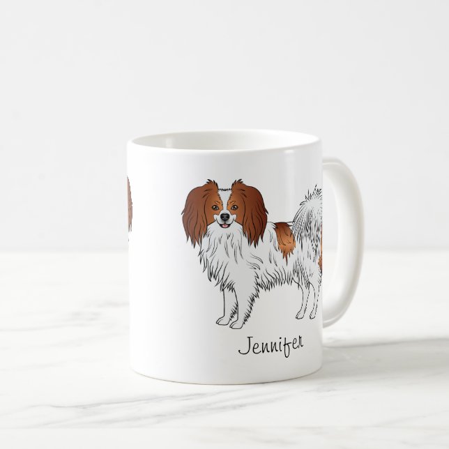 Red And White Phalène Dog With Custom Name Coffee Mug (Front Right)