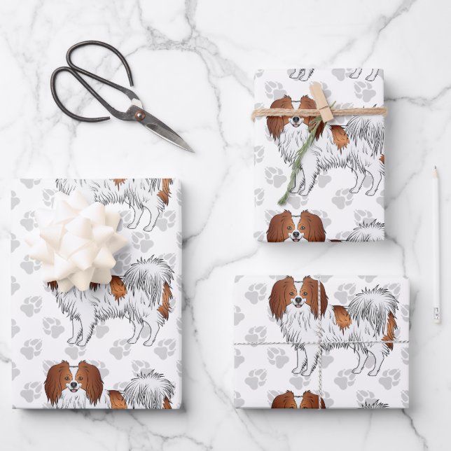 Red And White Phalène Dogs With Grey Paw Pattern Wrapping Paper Sheet (Front)