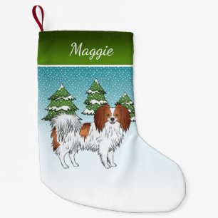 Red And White Phalène Happy Dog Winter Forest Small Christmas Stocking