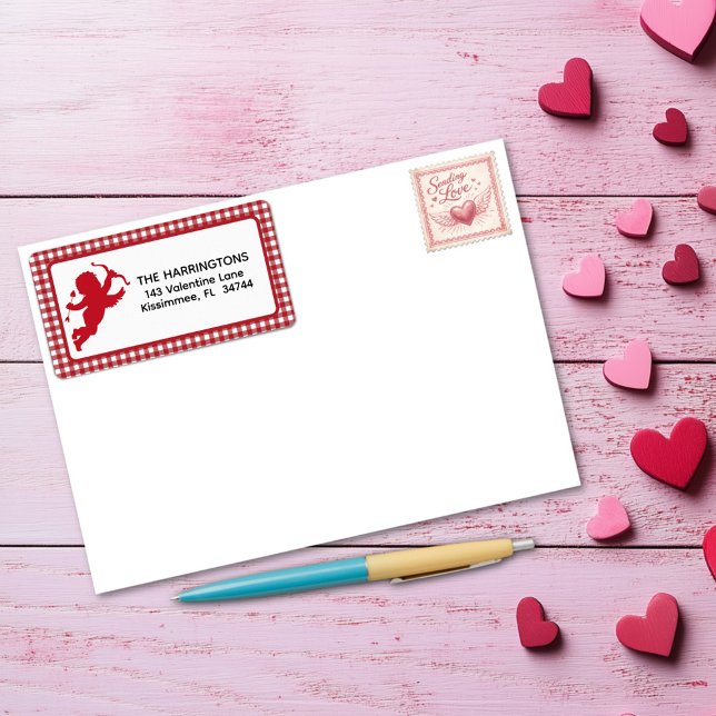 Red and White Plaid Gingham Valentine Cupid Label (Creator Uploaded)