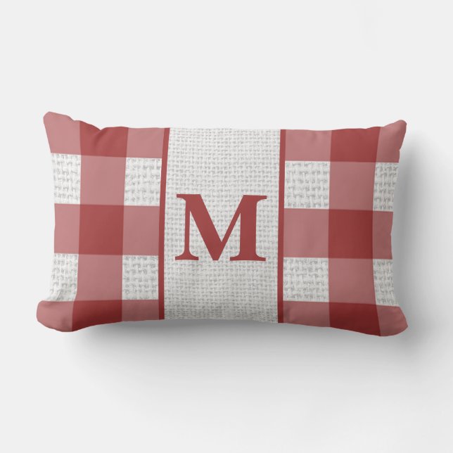 Red  and white plaid monogram lumbar pillow (Front)