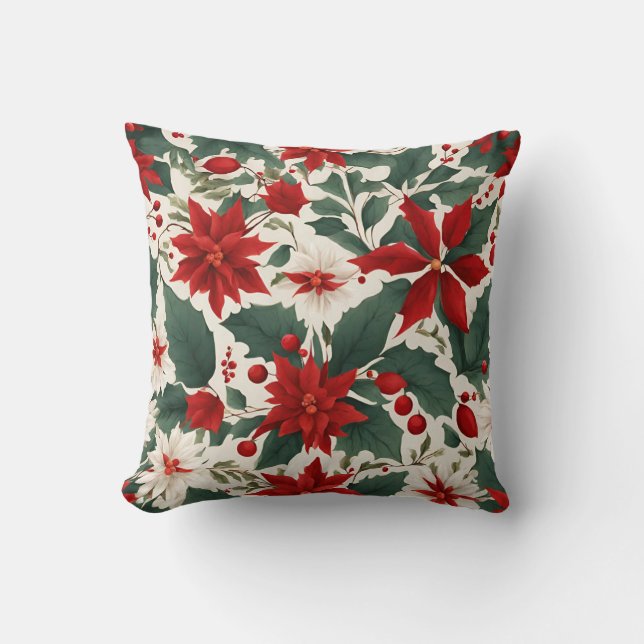 Red and White Poinsettia Flowers and Holly Berries Cushion (Front)