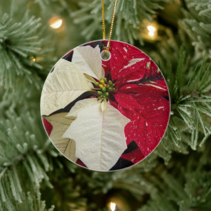 Red and White Poinsettia Holiday Ceramic Tree Decoration