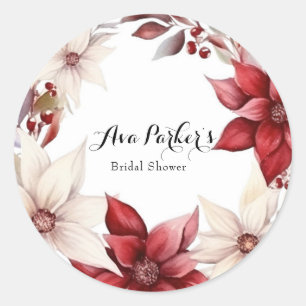 Red and White Poinsettia Wreath Bridal Shower Classic Round Sticker