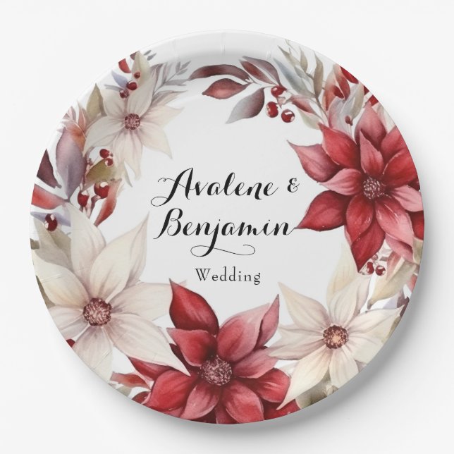 Red and White Poinsettia Wreath Watercolor Wedding Paper Plate (Front)