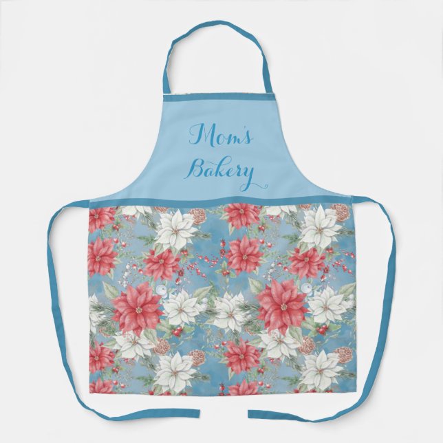 Red and White Poinsettias on Sky Blue-Personalized Apron (Front)
