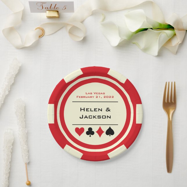 Red and White Poker Chip Las Vegas Wedding Paper Plate (Wedding)