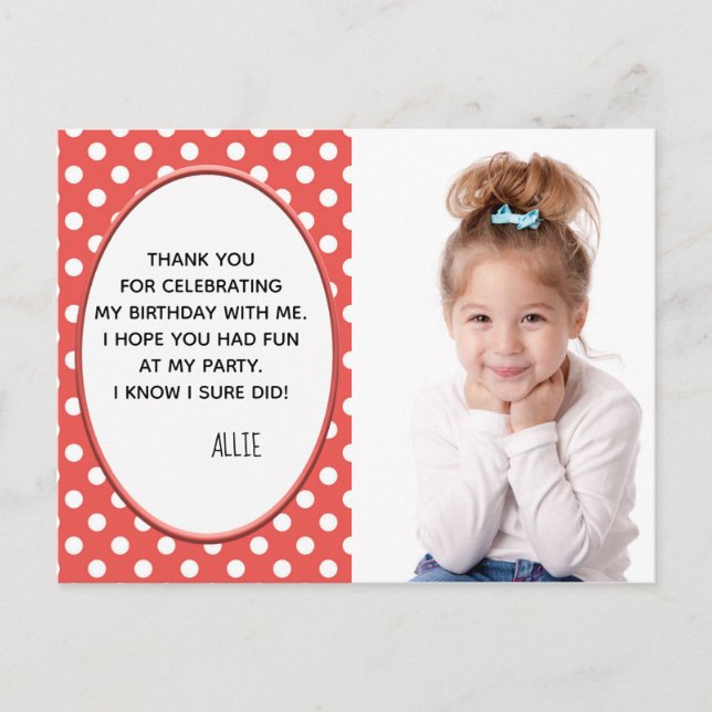 Red and White Polka Dot Birthday Photo Thank You Postcard (Front)