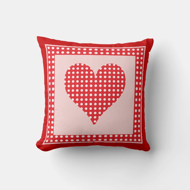 Red and White Polka Dot Heart Pattern Cushion (Front)