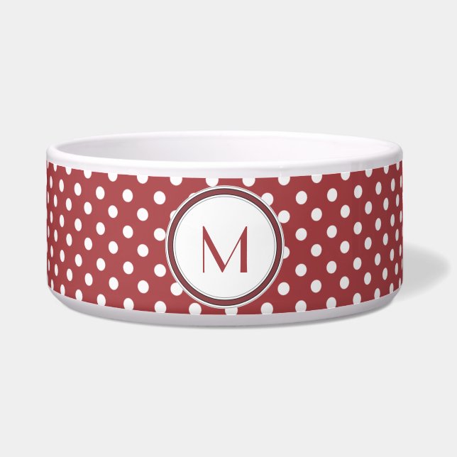 Red and White Polka Dot Monogram Pet Bowl (Front)