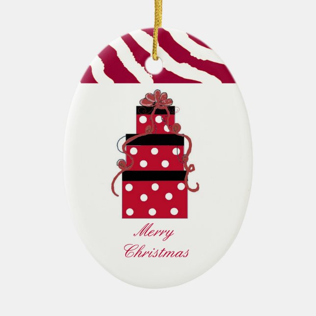 Red and White Polka Dot Packages Ceramic Tree Decoration (Front)