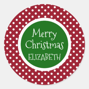 Red and White Polka Dot With Green Personalised Classic Round Sticker