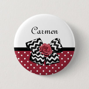 Red and White Polka Dots Cute Rose Chevron Bow 6 Cm Round Badge