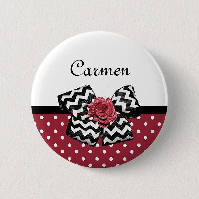 Red and White Polka Dots Cute Rose Chevron Bow 6 Cm Round Badge (Front)