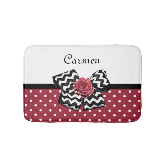 Red and White Polka Dots Cute Rose Chevron Bow Bath Mat (Front)