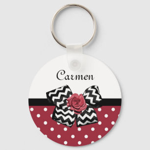 Red and White Polka Dots Cute Rose Chevron Bow Key Ring