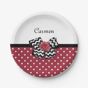 Red and White Polka Dots Cute Rose Chevron Bow Paper Plate