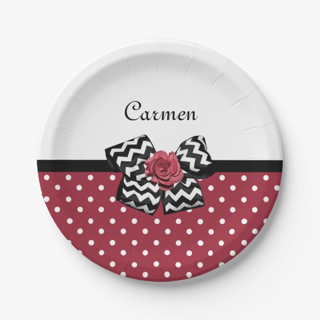Red and White Polka Dots Cute Rose Chevron Bow Paper Plate (Front)